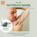 Ein Mann trägt Thats me Organic® Deo-Mousse Lemongrass auf seine Achselhöhle auf, um auf die natürliche Männerpflege und einen Sonderrabatt auf das Geschenk-Set mit natürlichen Hautpflegeprodukten hinzuweisen.