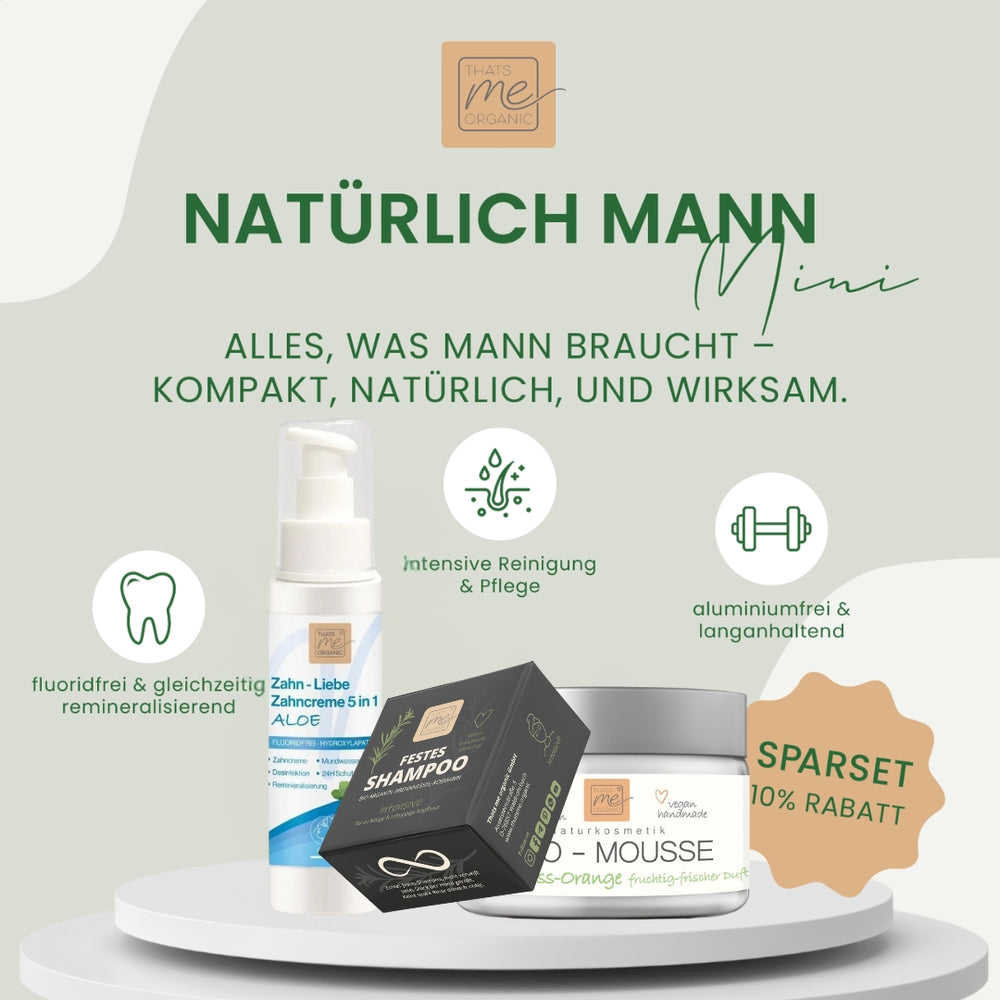 Thats me Organic® Geschenk Set für natürliche Männerpflege: Enthält Zahnpasta, Shampoo & Deo-Mousse Lemongrass. Jetzt 10% Rabatt auf das hochwertige Pflegepaket mit natürlichen Inhaltsstoffen sichern!.