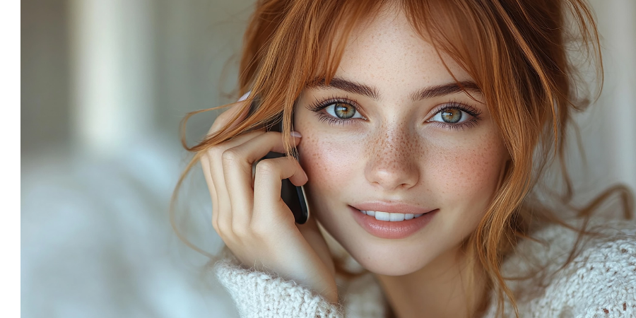 Eine junge Frau mit roten Haaren und Sommersprossen lächelt, während sie ein Telefon an ihr Ohr hält.