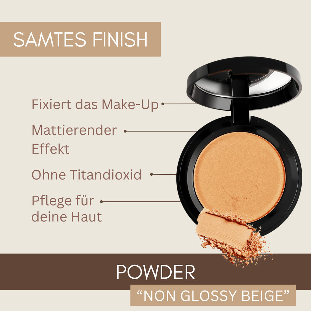Thats me Organic® runder kompakter beiger Bio-Puder mit mattierendem Effekt; Produktvorteile auf Deutsch und Englisch auf hellem Hintergrund. Die vegane Formel sorgt für ein natürliches, makelloses Aussehen.