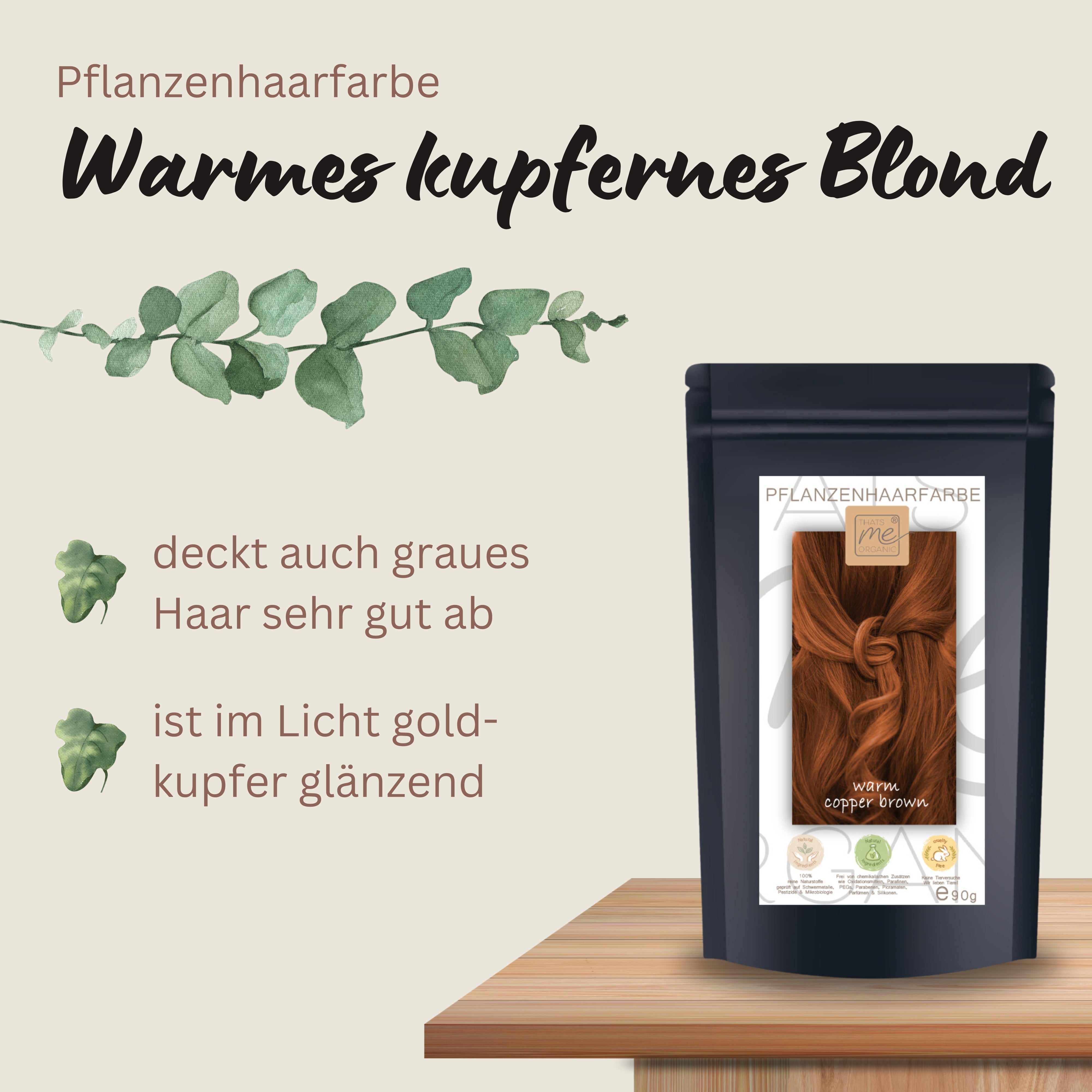 Profi-Pflanzenhaarfarbe warmes Kupfer-Braun "warm copper brown" 90g Nachfüllpack