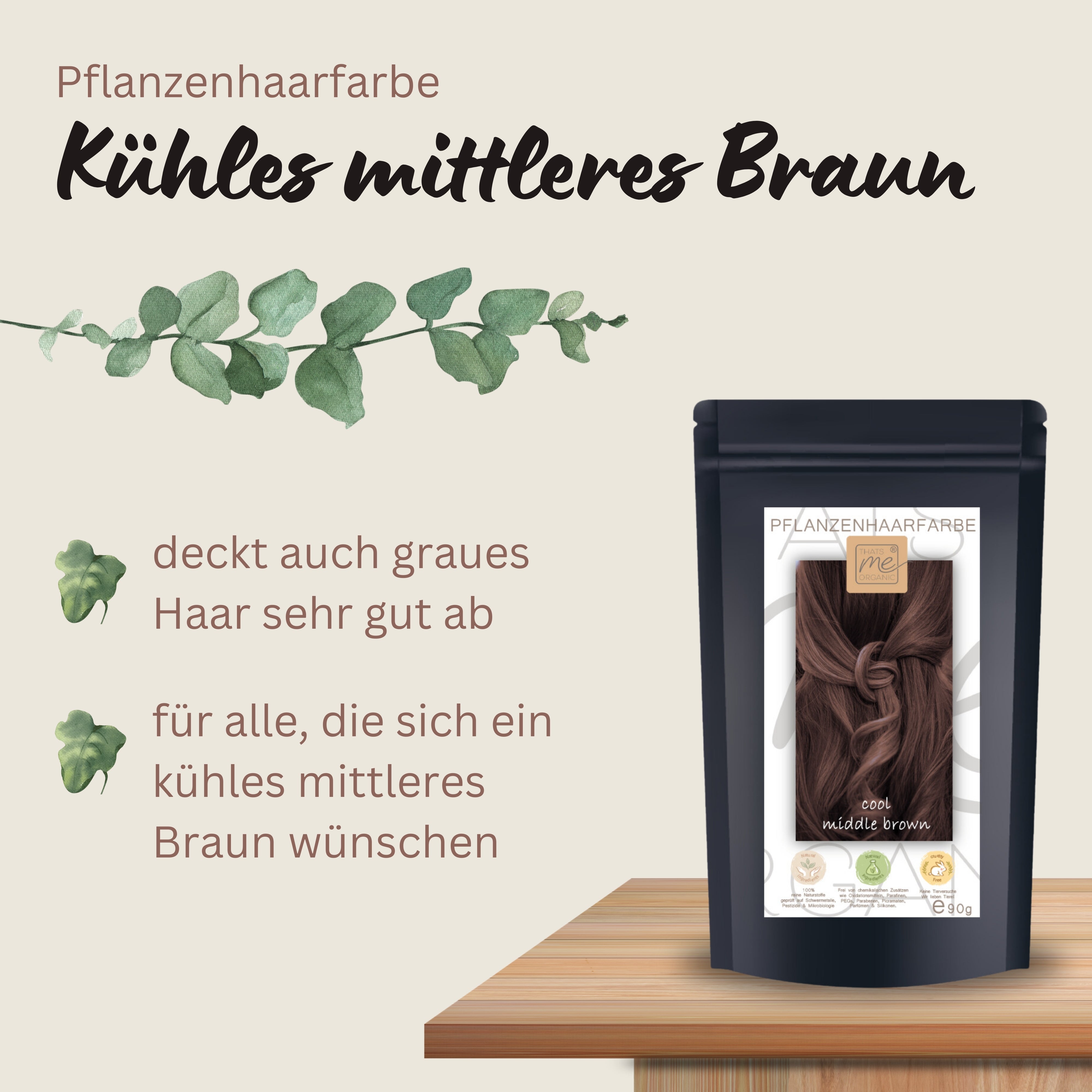 Profi-Pflanzenhaarfarbe "Kühles mittleres braun - cool middle brown" 90g Nachfüllpack