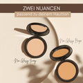 Zwei offene Puderdosen mit den Bezeichnungen Non Glossy Ivory und Non Glossy Beige von Thats me Organic®, mit Bio-Puder für eine vegane Formel und mattierende Wirkung, auf hellem Hintergrund.