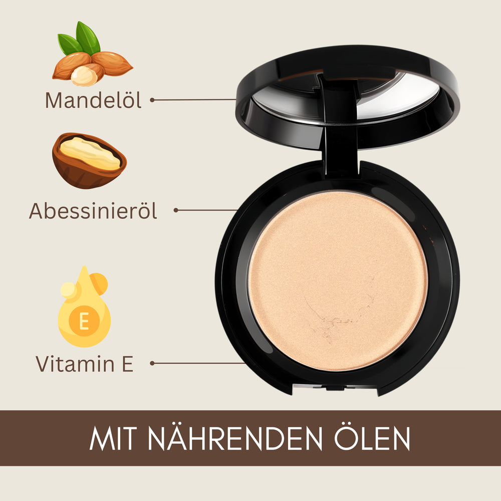 Öffnen Sie das vegane Thats me Organic® Bio-Powder compact mit Mandelöl, Abessinieröl und Vitamin E Illustrationen, beschriftet in Deutsch, für einen mattierenden Effekt.