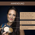 Frau trägt Thats me Organic® Bio-Powder mit Pinsel aufs Gesicht auf, daneben Text mit Tipps zur Anwendung und Infos zum mattierenden Effekt.