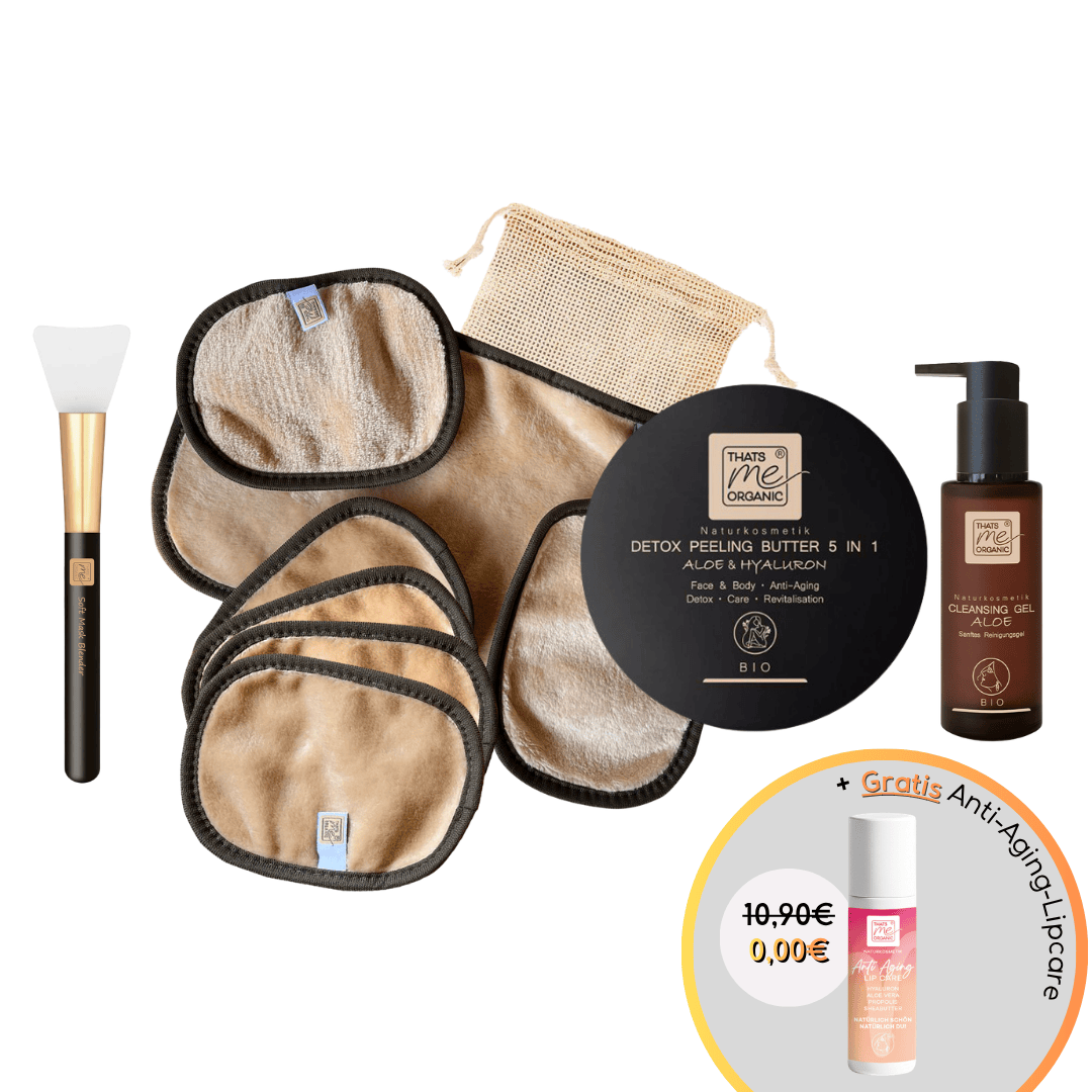 Freigestelltes Gesichtspflege Set mit Reinigungspads, Cleansing Gel, Detox Peeling Butter und Soft Mask Blender. Gratis Anti Aging Lipcare