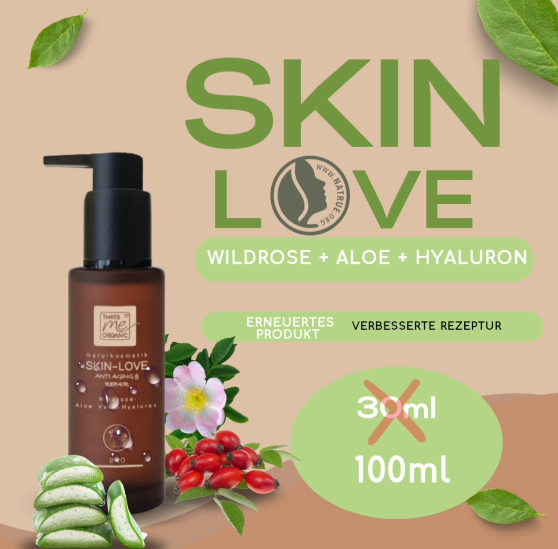 NEU: SKIN-LOVE - Wildrosen Serum mit Aloe Vera-Hyaluron Bio-Naturkosmetik 100ml