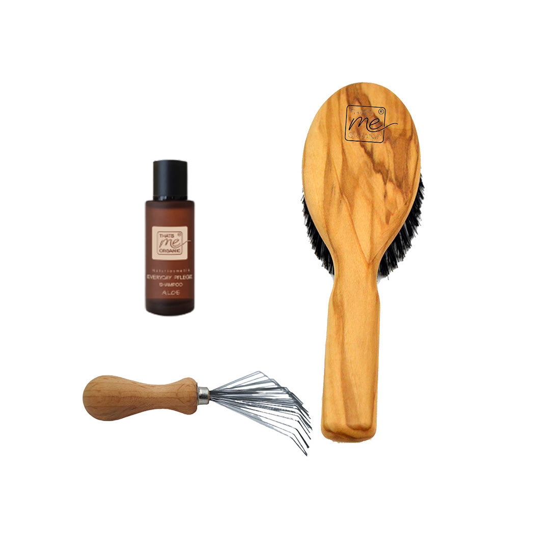 Set economico spazzola per capelli professionale forma classica "Il Mediterraneo" + detergente per spazzole + shampoo curativo