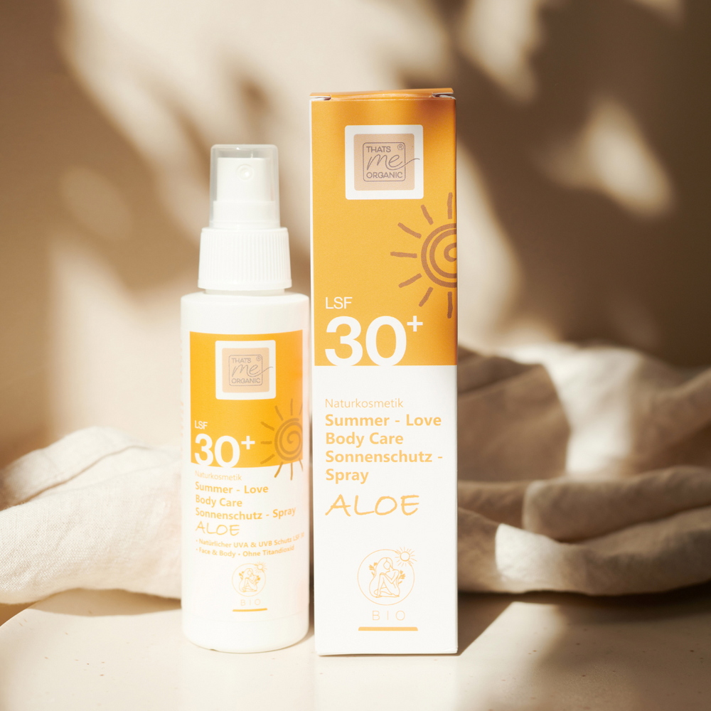 Bio Sonnencreme von Thats me organic mit weiß - gelber Flasche und Lichtschutzfaktor lsf 30+ 