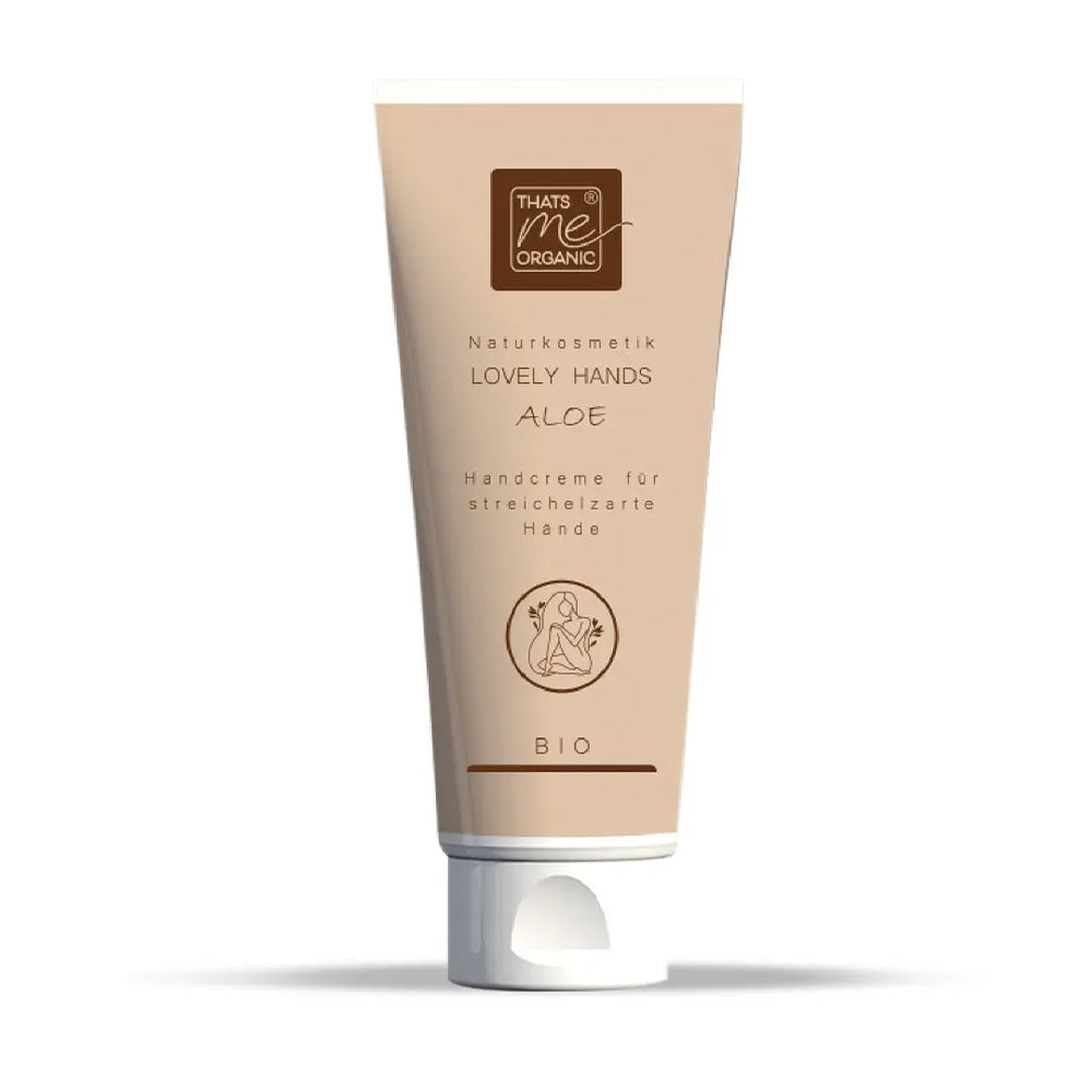 Beigefarbene Tube der Thats me Organic® Lovely Hands Aloe Bio-Naturkosmetik Handcreme mit Hyaluron, Flip Cap und einfachem Text und Symbolen.