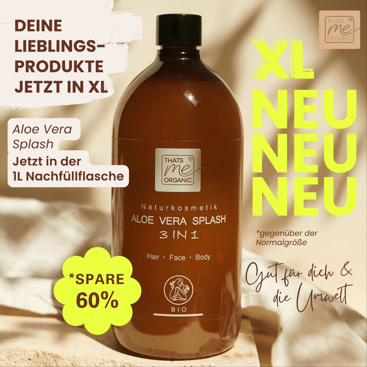 Trockene Haut & Haare? 1L Bio Aloe Vera Splash –59% bei Thats me Organic