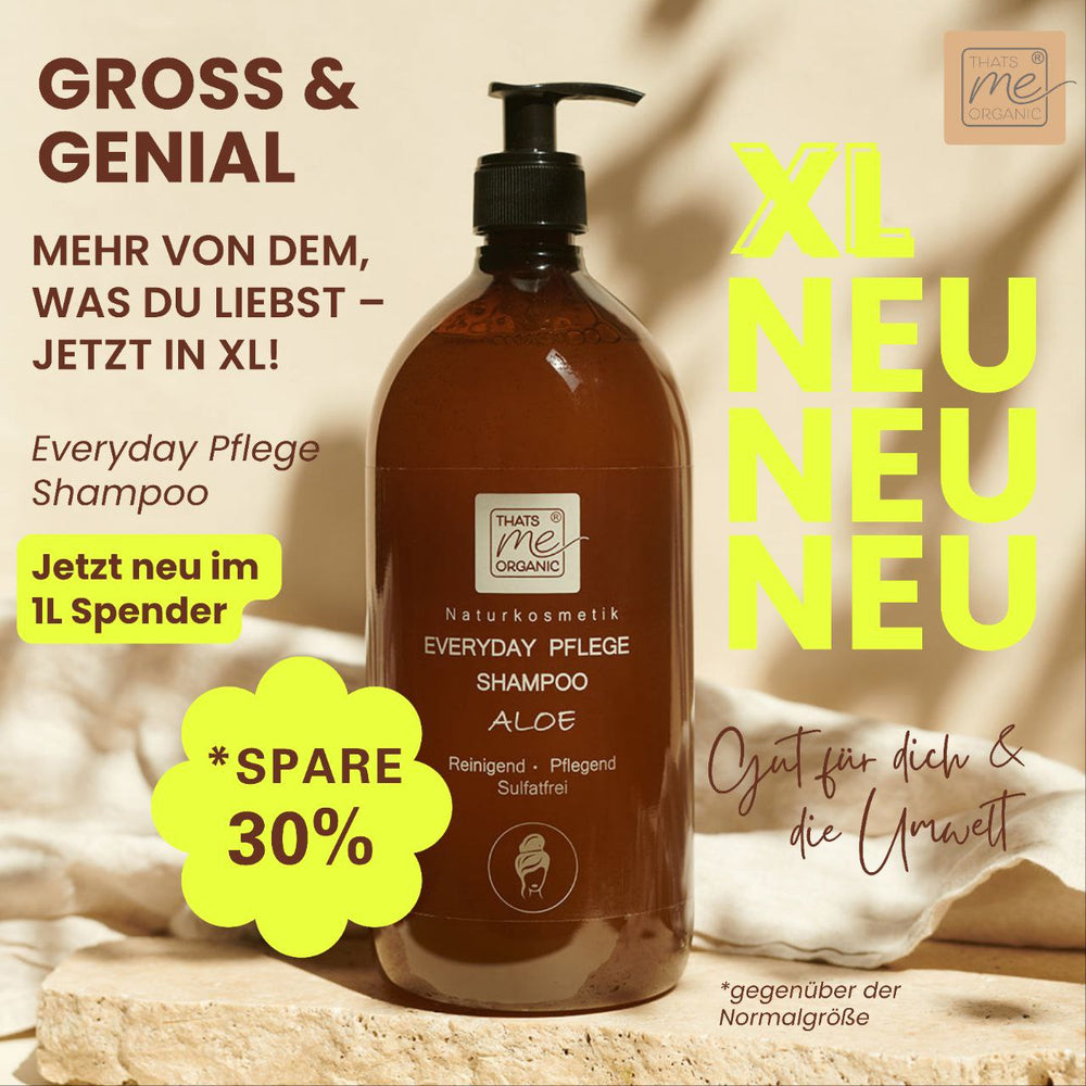 Braune Flasche Thats me organic® BIO-Shampoo mit Pumpe, hervorgehoben durch gelben Promo-Text für XL-Größe und 30% Ersparnis. Sulfatfreie Naturkosmetik bietet sanfte, biologische Pflege.