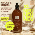Braune Flasche Thats me organic® BIO-Shampoo mit Pumpe, hervorgehoben durch gelben Promo-Text für XL-Größe und 30% Ersparnis. Sulfatfreie Naturkosmetik bietet sanfte, biologische Pflege.
