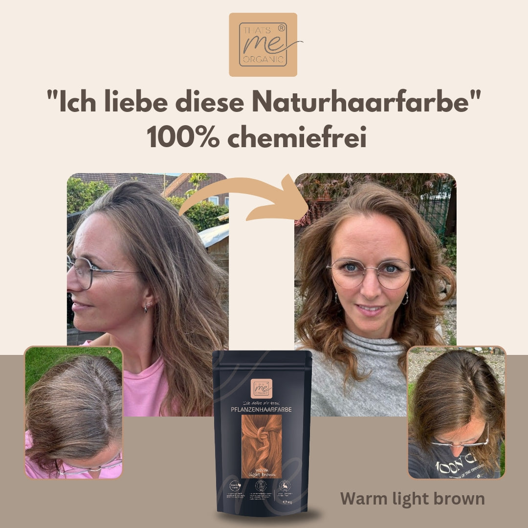 Frau mit hellbraunem Haar, vor und nach der Anwendung von biologischem Haarfärbemittel; Haarfärbepackung unten abgebildet.