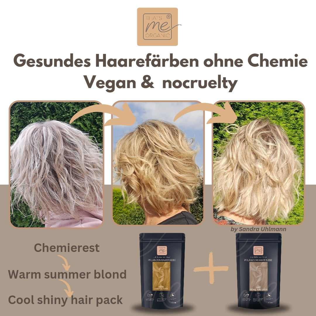 Drei Bilder zeigen die Verwandlung einer Frau in blondes Haar, wobei unter den Fotos vegane Haarfärbemittel gezeigt werden.
