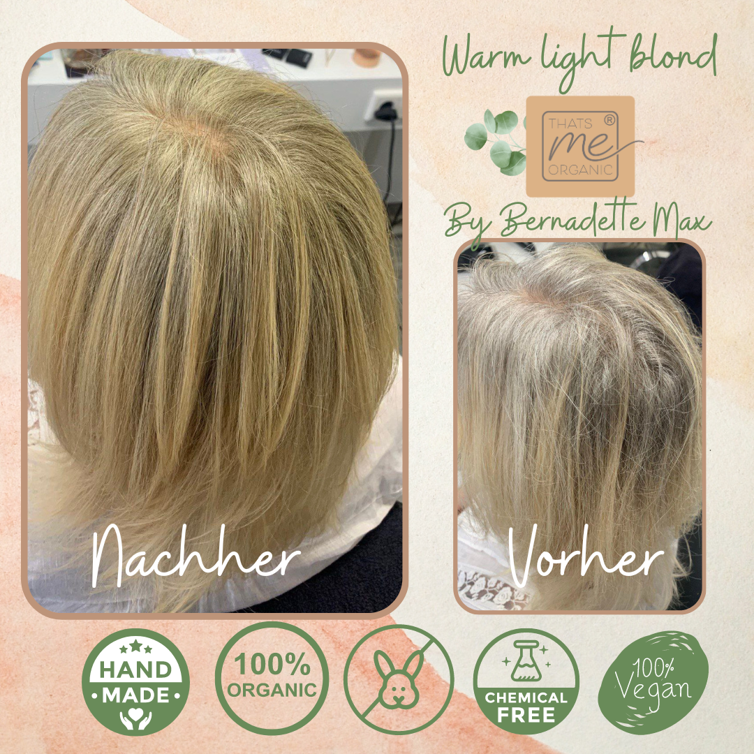 Vorher-Nachher-Fotos von warm-hellblond gefärbtem Haar, mit Etiketten, die biologische und vegane Eigenschaften hervorheben.