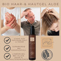 Die Thats me Organic® Aloe Haar- und Hautgel-Flasche zeigt, wie Menschen es auf Kopfhaut und Haare auftragen; Produktvorteile wie "Kopfhautpflege" und "Anti-Schuppen" sind in deutscher Sprache aufgeführt.