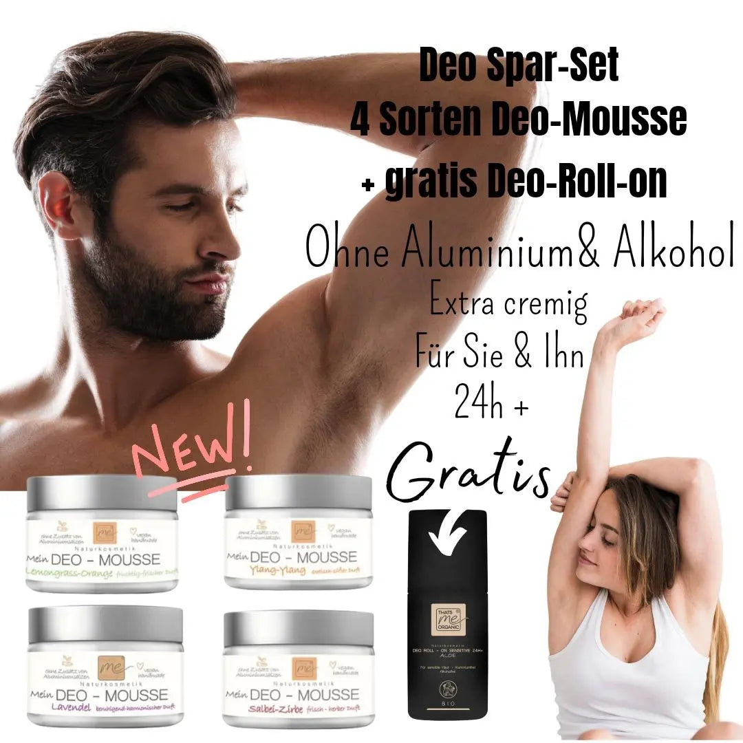 Ein Mann und eine Frau mit 4 Tiegeln Thats me Organic® Deo-Mousse und 1 Deo-Roll-on sind von einem deutschen Text über natürliche Deodorants umgeben.