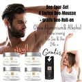 Ein Mann und eine Frau mit 4 Tiegeln Thats me Organic® Deo-Mousse und 1 Deo-Roll-on sind von einem deutschen Text über natürliche Deodorants umgeben.