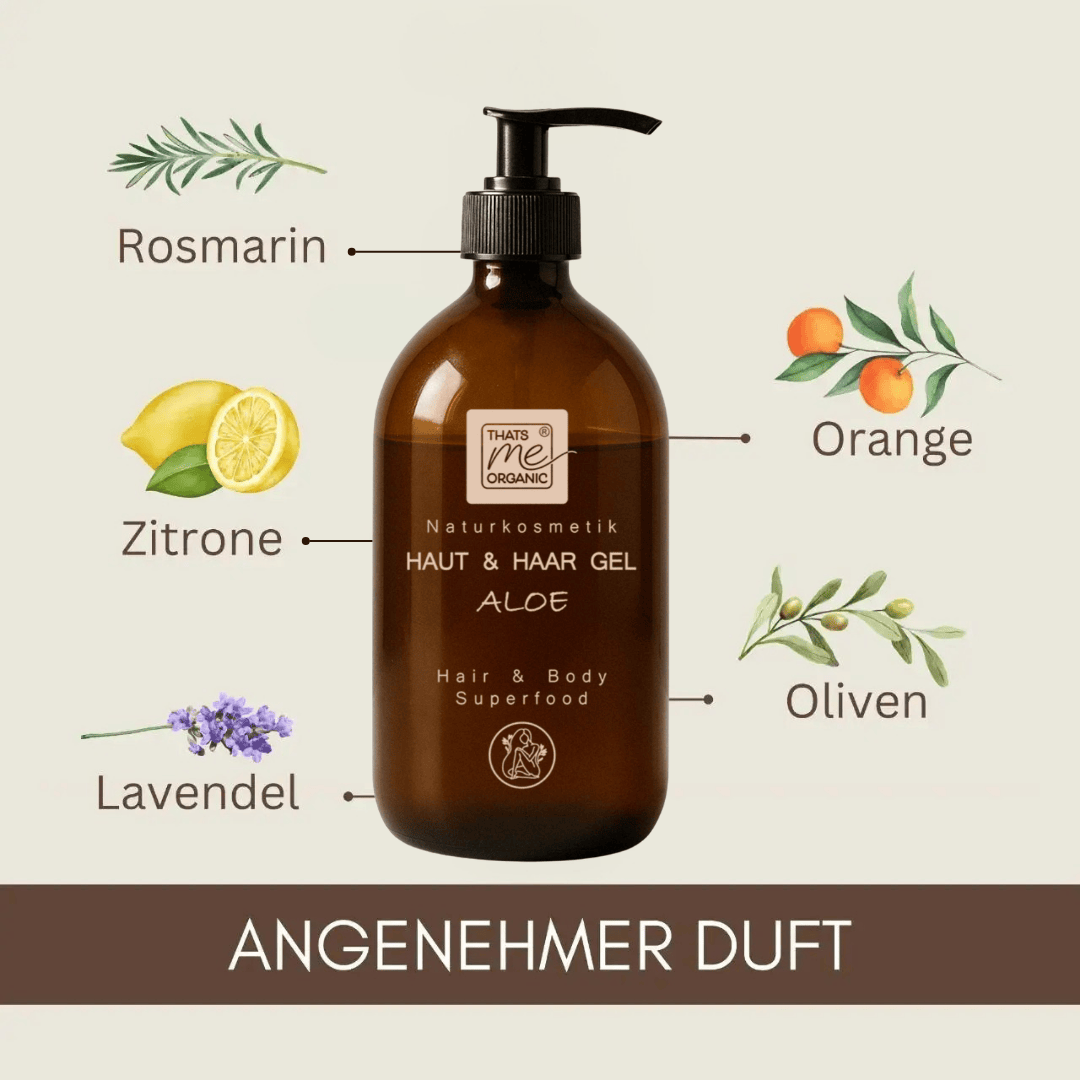 Inhaltsstoffe im Haut und Haargel Aloe von Thats me organic – Rosmarin, Zitrone, Lavendel, Orange und Oliven für einen angenehmen Duft