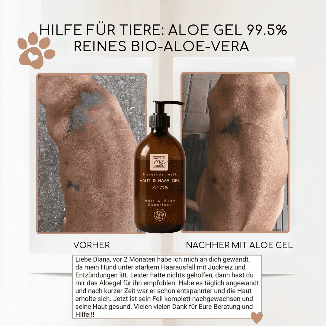 Bio Aloe Vera Gel von Thats me organic zur Pflege bei Hautproblemen beim Hund – Vorher Nachher Anwendung für Haut und Fell