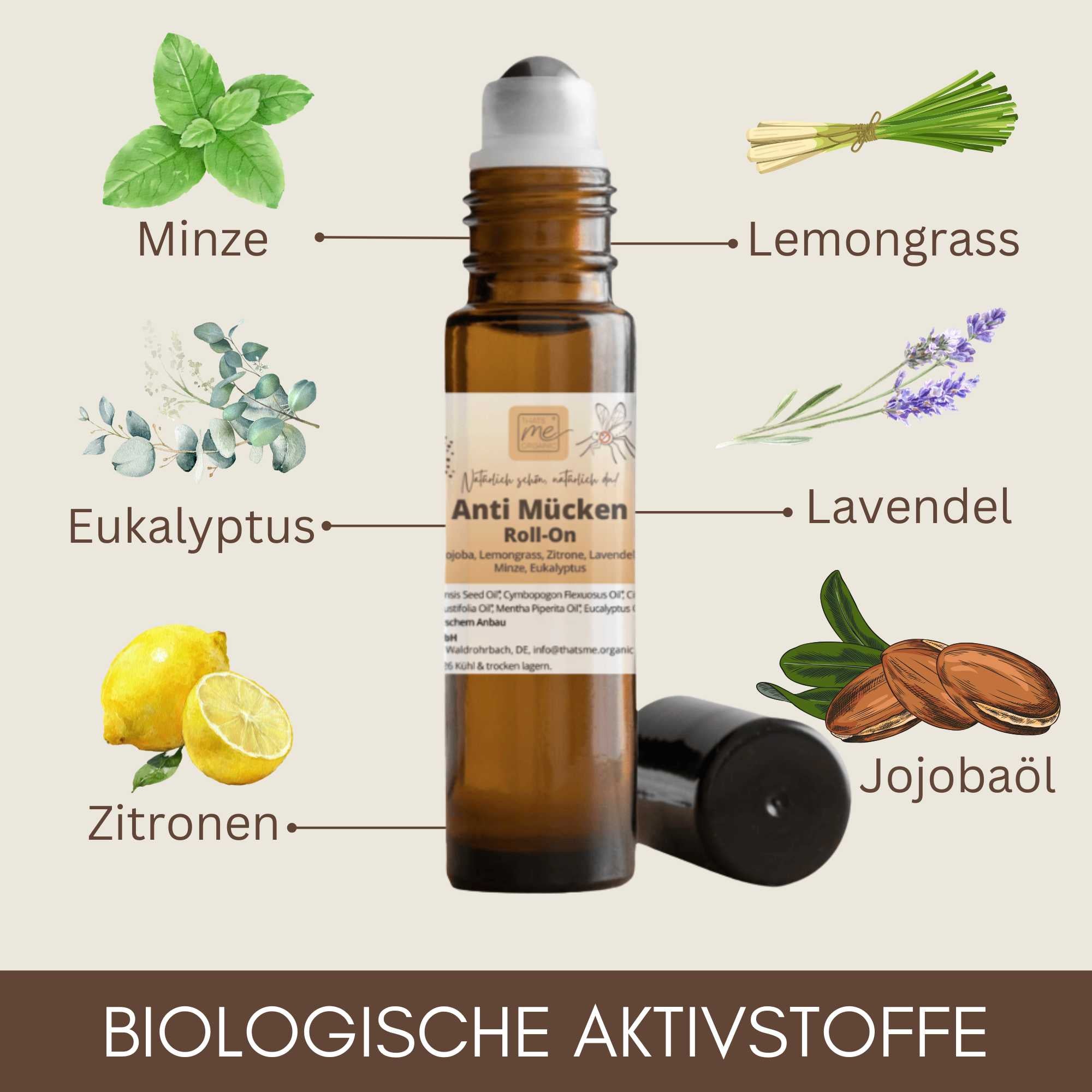 Bio Anti Mücken Roll-On mit Minze, Lemongrass, Eukalyptus, Lavendel, Zitronen und Jojobaöl.