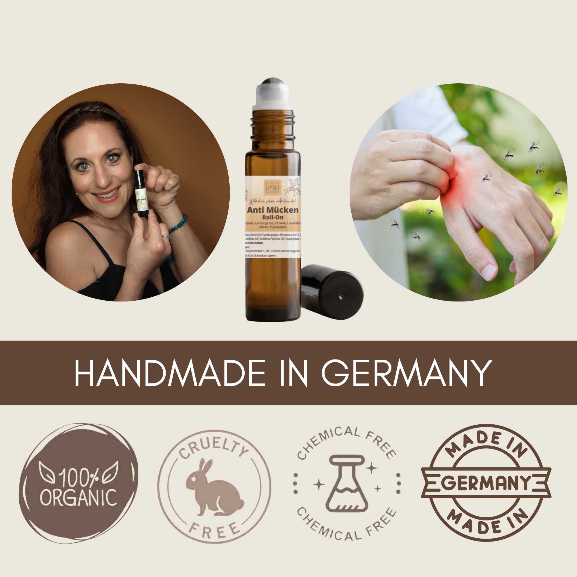 Per Hand in Deutschland produzierter Bio Anti Mücken Roll-On mit natürlichen ätherischen Bio-Ölen.