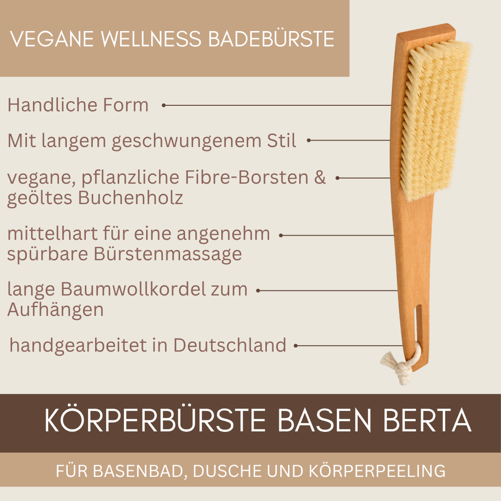 Basen Berta vegane Wellness-Badebürste mit langem geschwungenem Holzstiel für Basenbad, Dusche und Körperpeeling