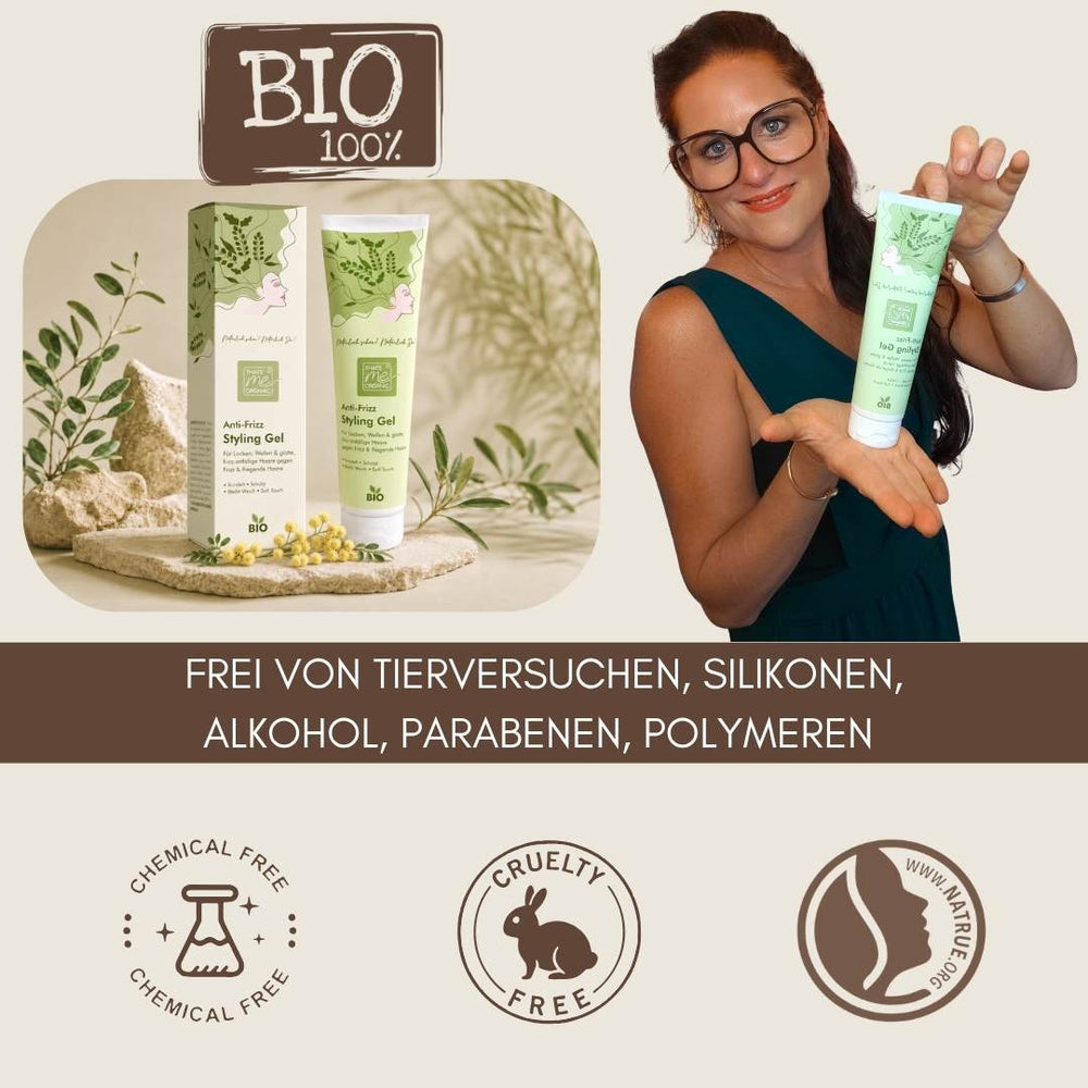 BIO Anti-Frizz Styling Gel Naturkosmetik – frei von Tierversuchen, Silikonen, Alkohol, Parabenen und Polymeren für natürlich schönes Haar.
