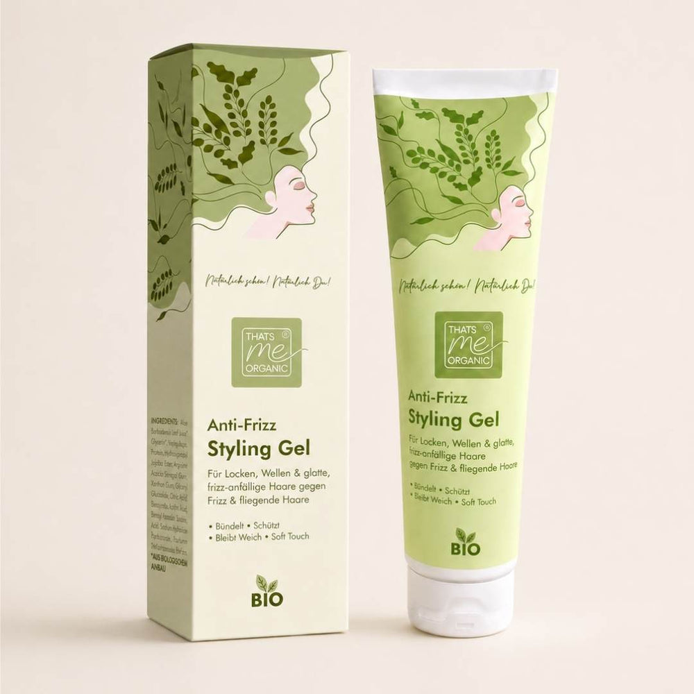 BIO Anti-Frizz Styling Gel Naturkosmetik mit Verpackung – für Locken, Wellen und glatte Haare gegen Frizz und fliegende Haare.