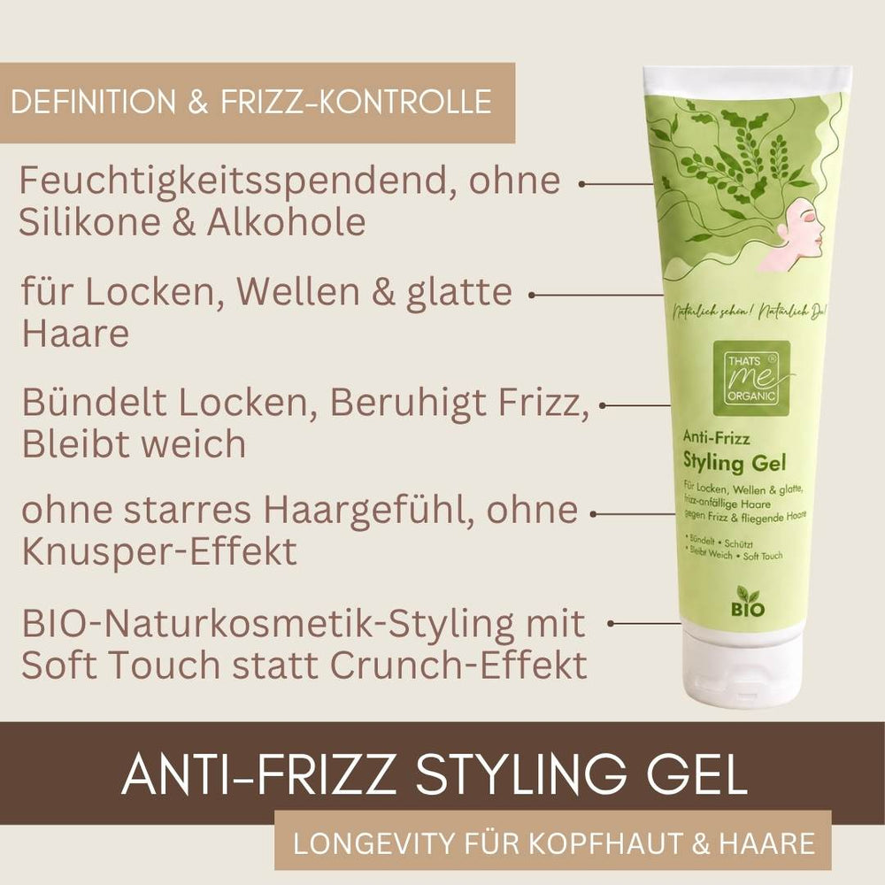 BIO Anti-Frizz Styling Gel – feuchtigkeitsspendendes Naturkosmetik Styling für Frizz-Kontrolle, definierte Locken und weiches Haar ohne Crunch-Effekt.