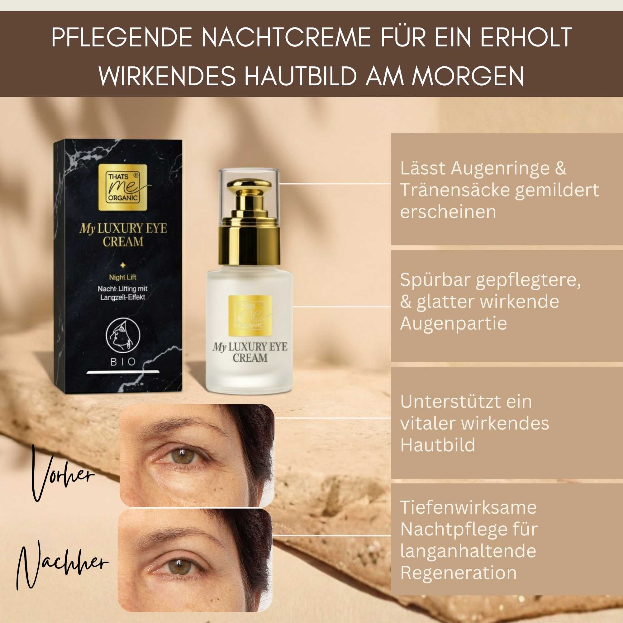 Pflegende Night Lift Augencreme von Thats me organic für eine erholt wirkende Augenpartie am Morgen – sanfte Bio-Nachtpflege ohne synthetische Zusätze.