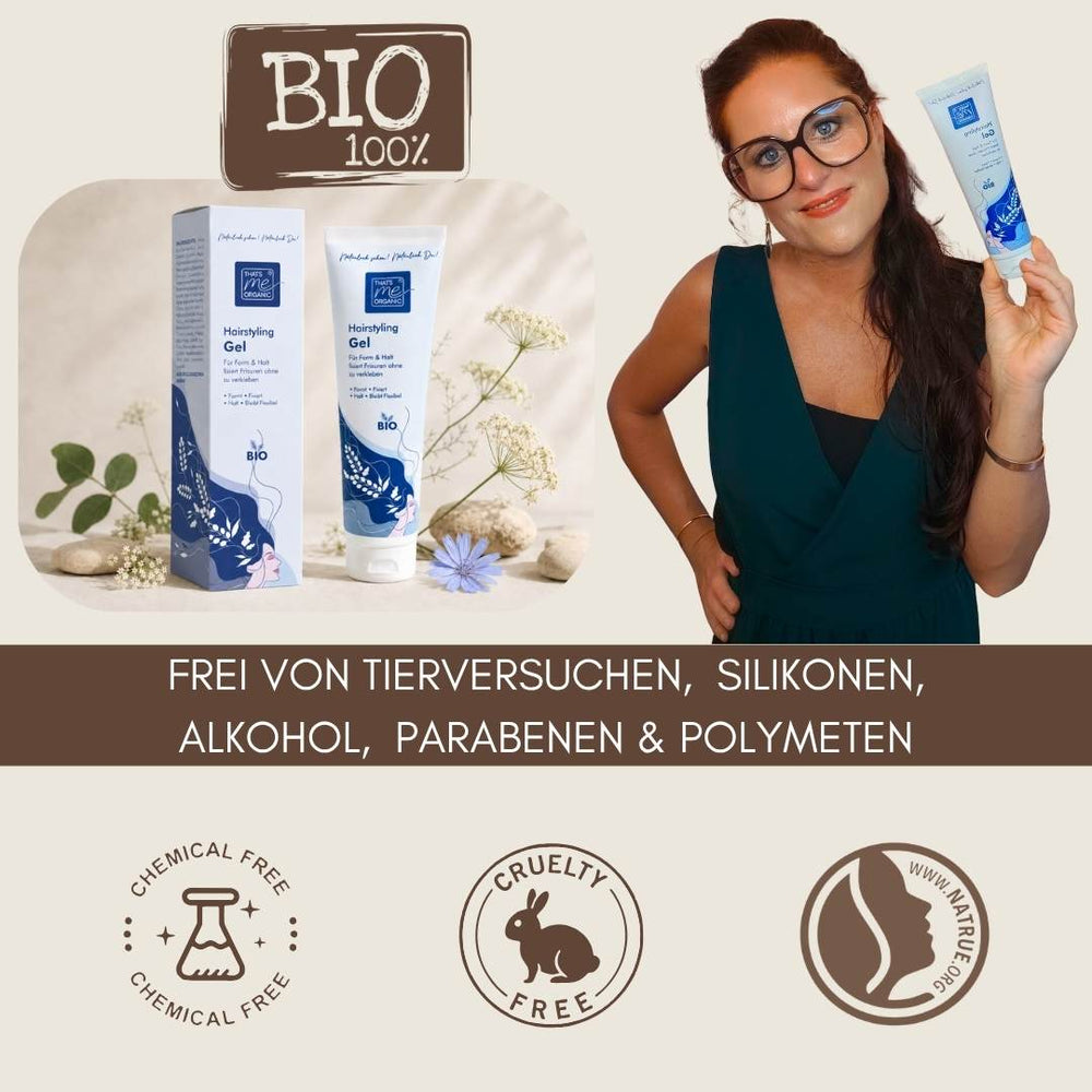 BIO Hairstyling Gel Naturkosmetik – frei von Tierversuchen, Silikonen, Alkohol, Parabenen und Polymeren für natürliches Styling.