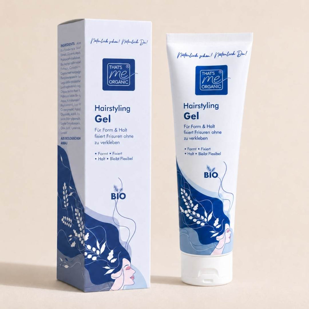 BIO Hairstyling Gel Naturkosmetik mit Verpackung – flexibler Halt, Volumen und Styling ohne Verkleben.