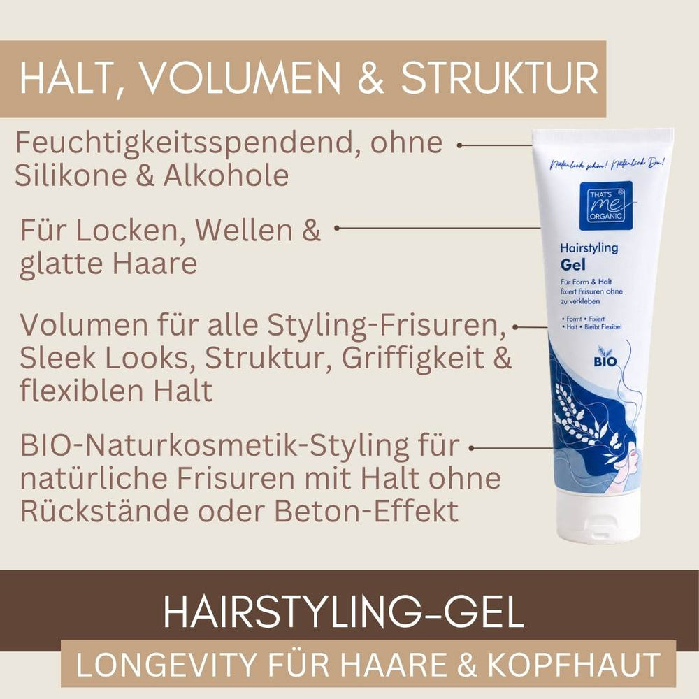 BIO Hairstyling Gel – feuchtigkeitsspendendes Naturkosmetik Styling für Volumen, Struktur, flexiblen Halt und natürliche Frisuren.