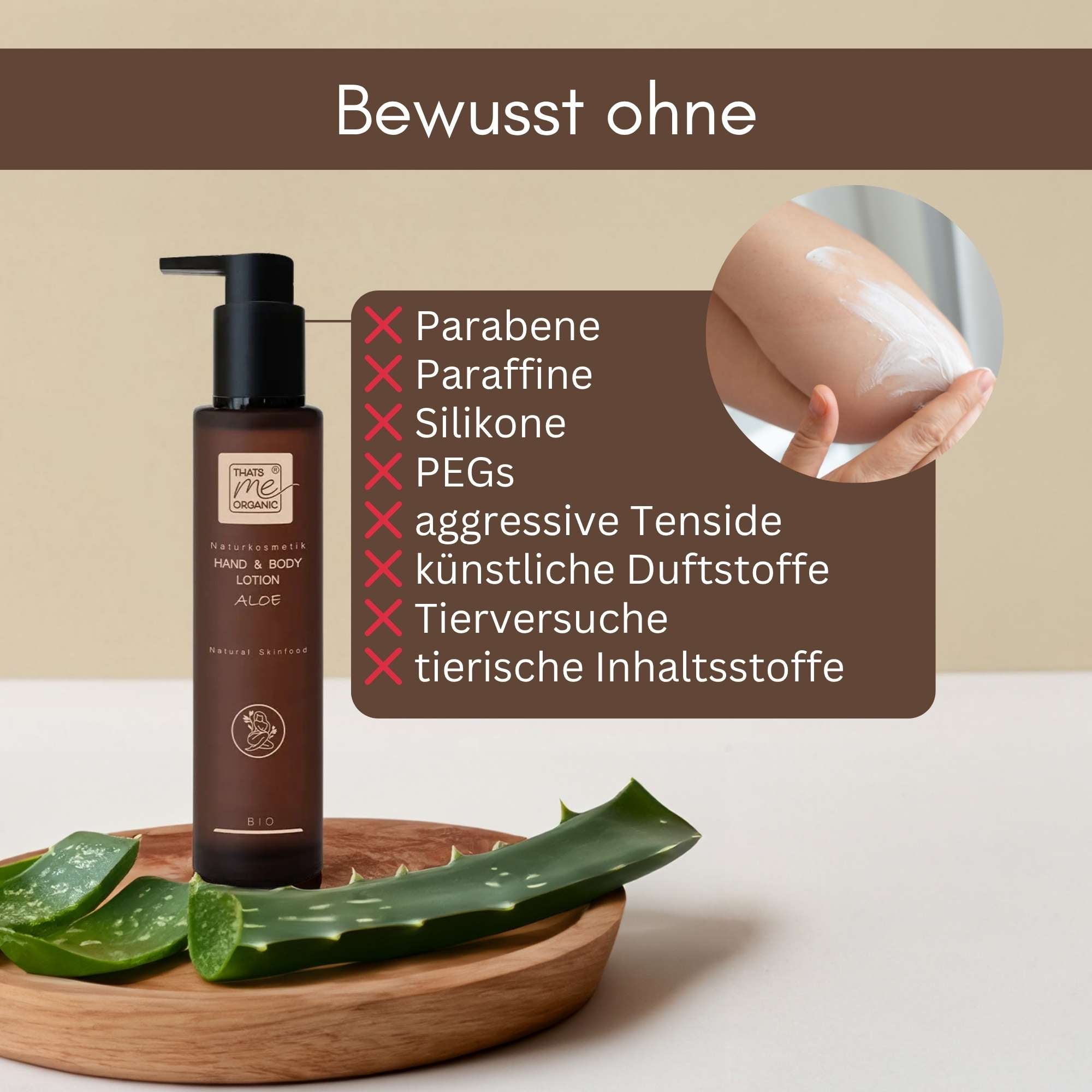 Bio Hand and Body Lotion Aloe ohne Parabene, Paraffine, Silikone, PEGs und künstliche Duftstoffe.