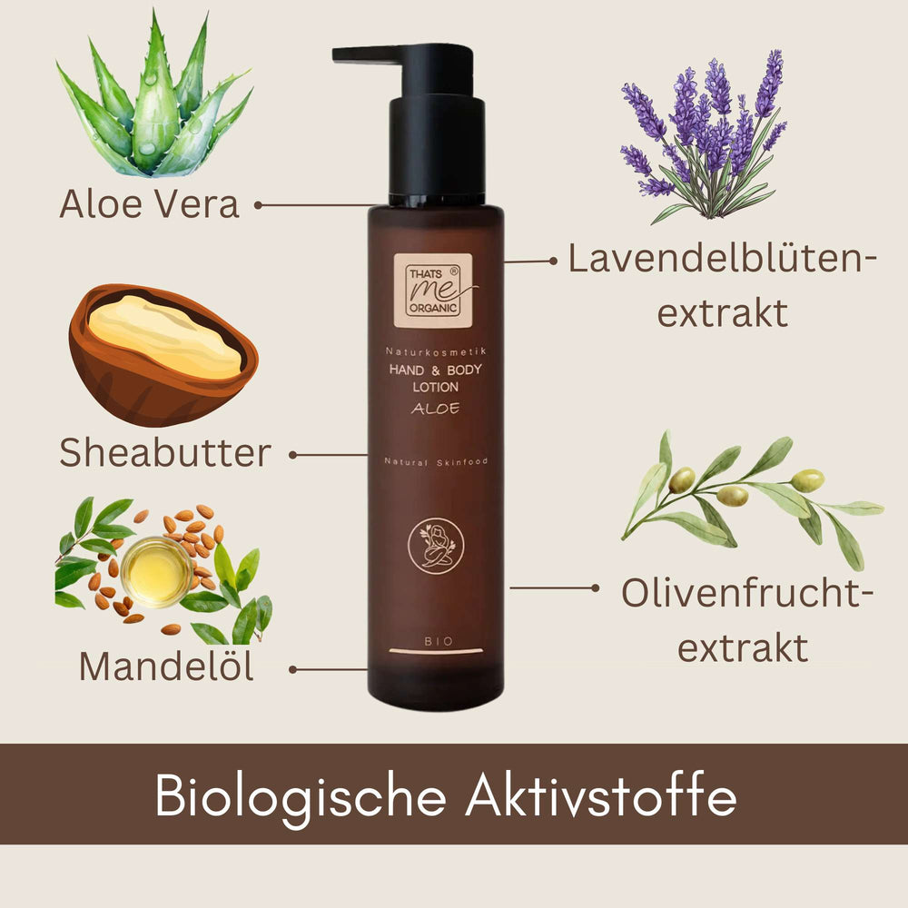 Bio Hand and Body Lotion Aloe mit Aloe Vera, Sheabutter, Mandelöl, Lavendelblütenextrakt und Olivenfruchtextrakt.