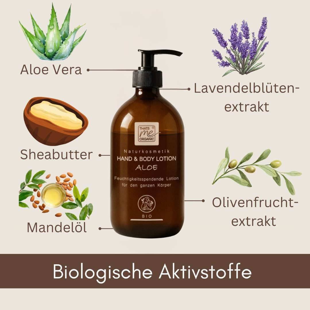 Bio Hand and Body Lotion Aloe mit Aloe Vera, Sheabutter, Mandelöl, Lavendelblütenextrakt und Olivenfruchtextrakt.