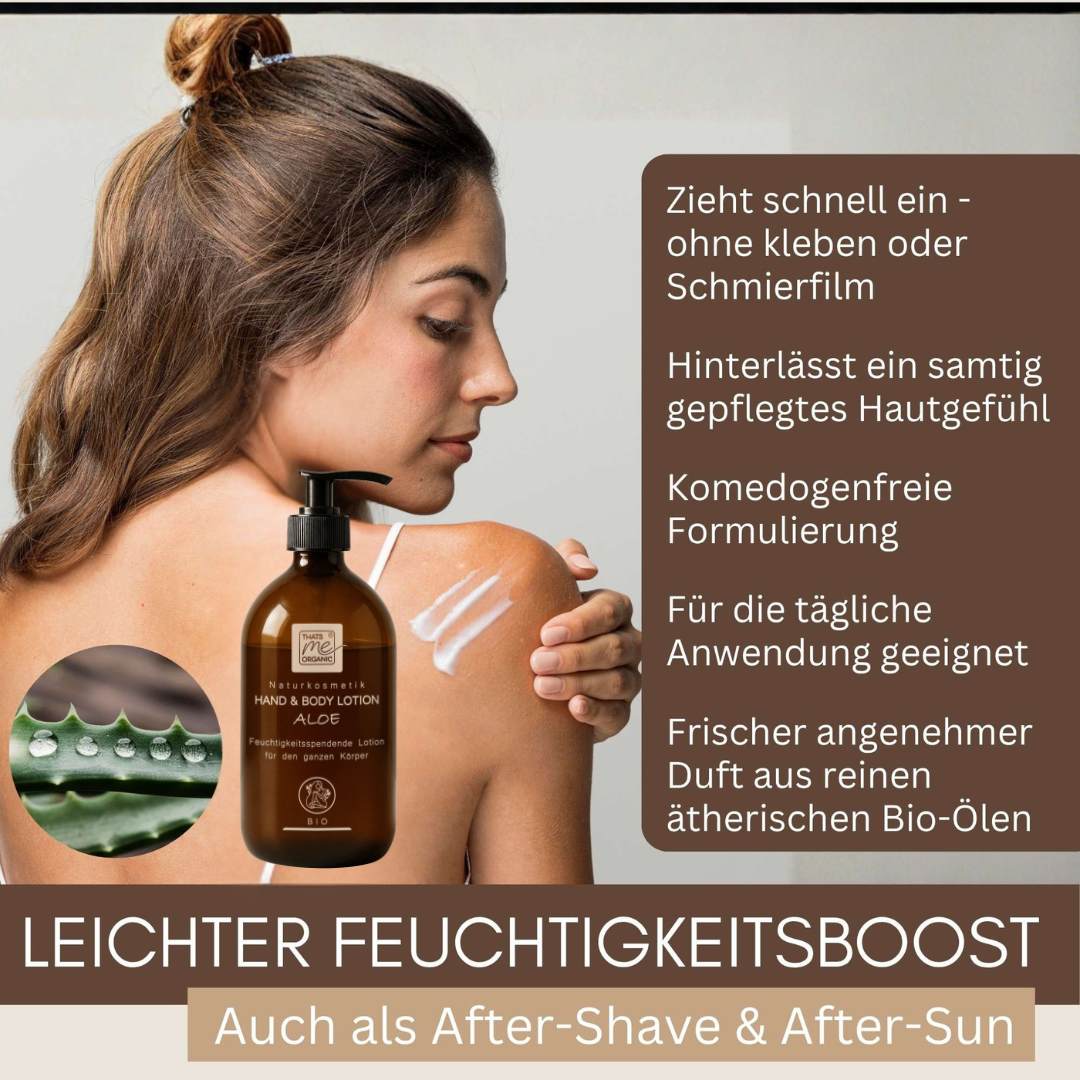 Leichter Feuchtigkeitsboost mit Bio Hand and Body Lotion Aloe für trockene Haut sowie als After Shave und After Sun geeignet.