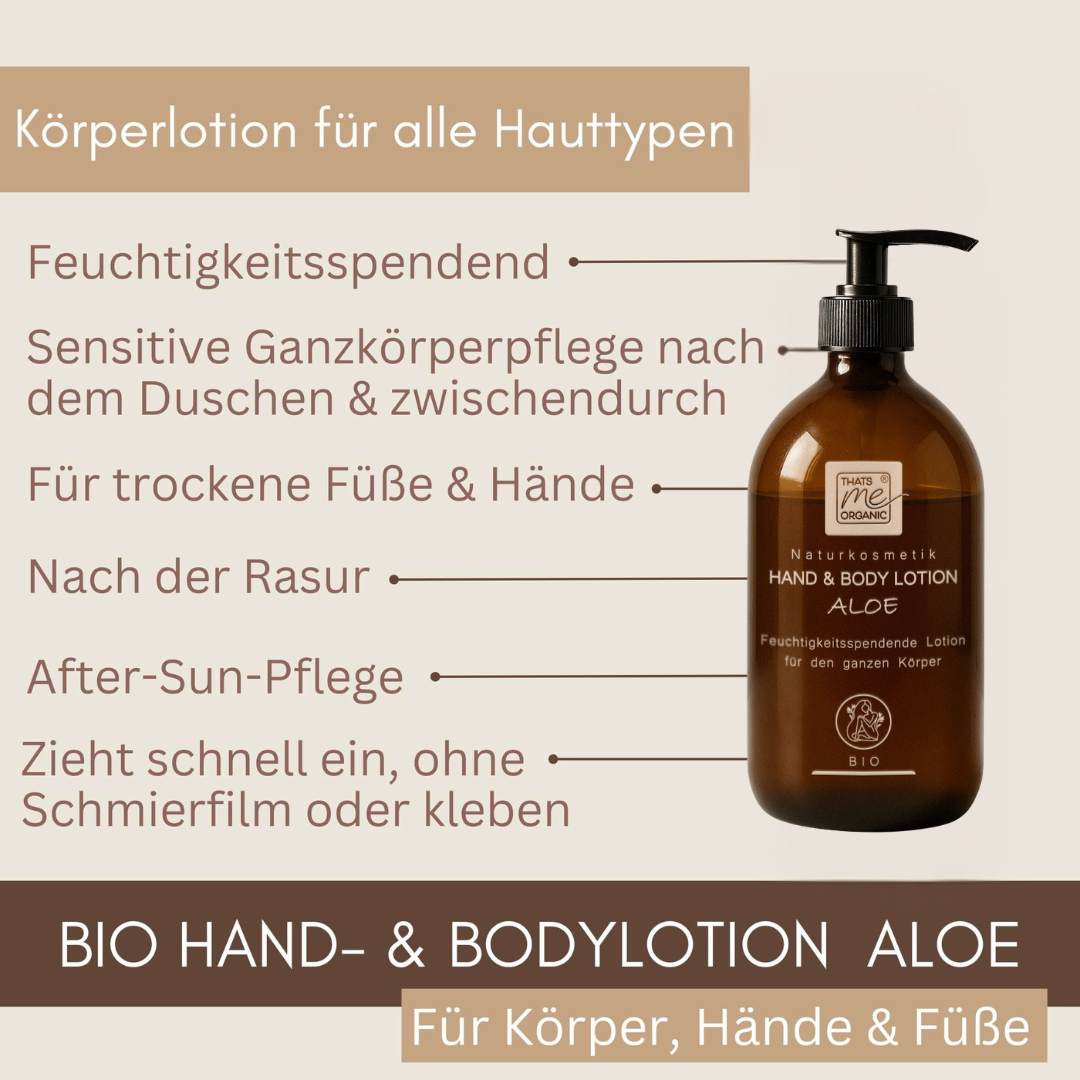 Bio Hand and Body Lotion Aloe als feuchtigkeitsspendende Körperlotion für Hände, Füße und empfindliche Haut nach dem Duschen oder Rasieren.