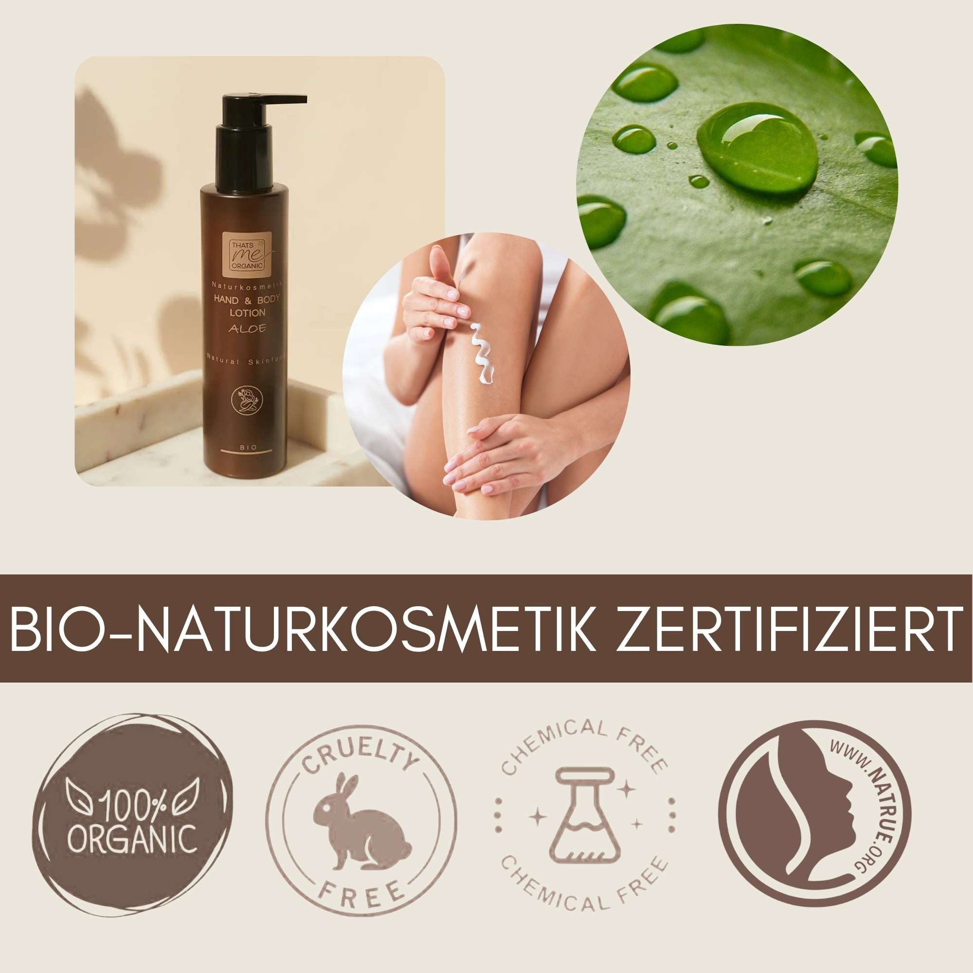Zertifizierte Bio Naturkosmetik mit Bio Hand and Body Lotion Aloe von Thats Me Organic für gepflegte und natürliche Hautpflege.