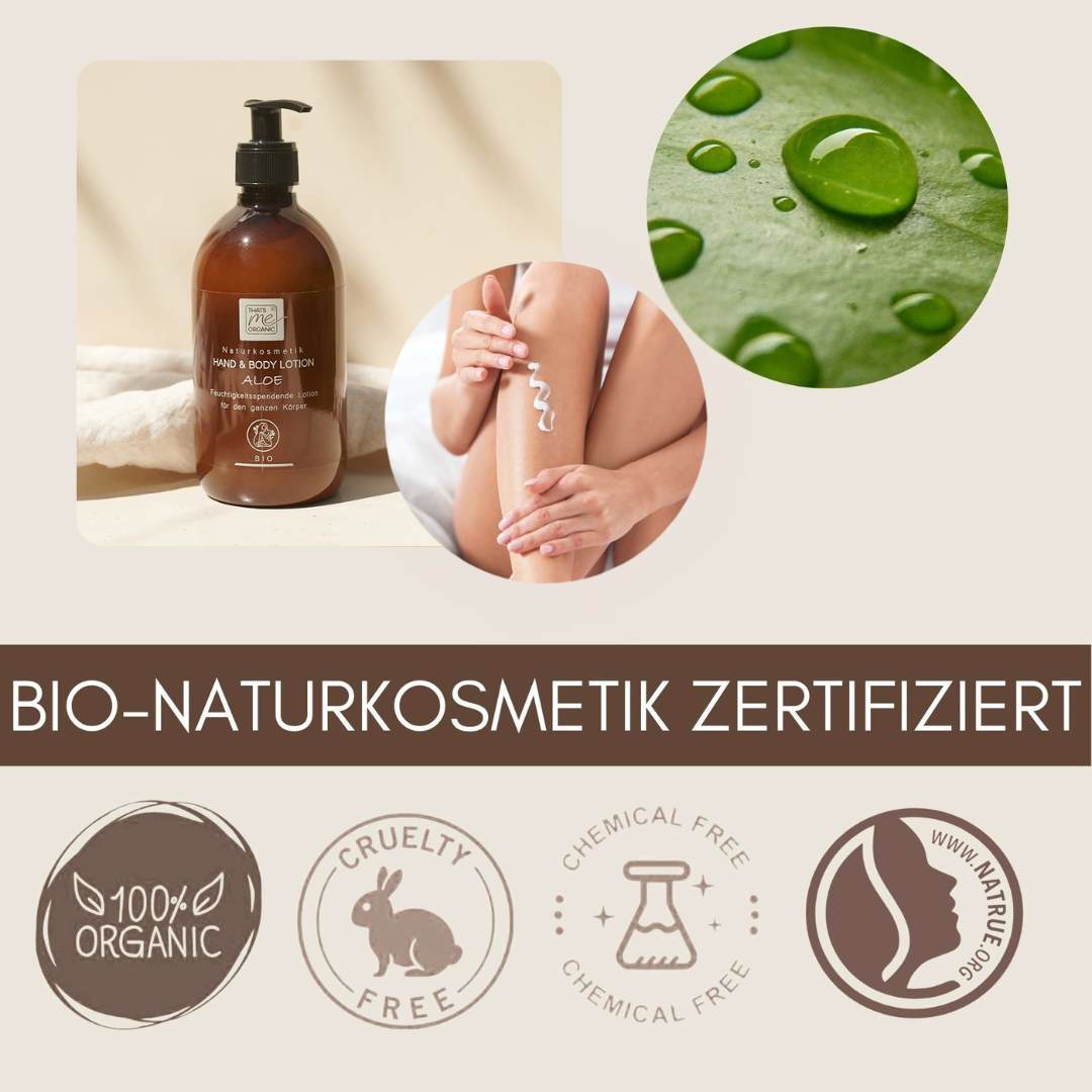 Zertifizierte Bio Naturkosmetik mit Bio Hand and Body Lotion Aloe von Thats Me Organic für gepflegte und natürliche Hautpflege.