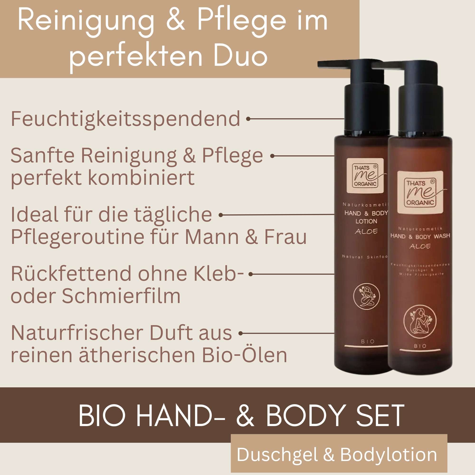 Bio Hand and Body Set Aloe mit Duschgel und Bodylotion für die tägliche Pflege von Körper und Haut.