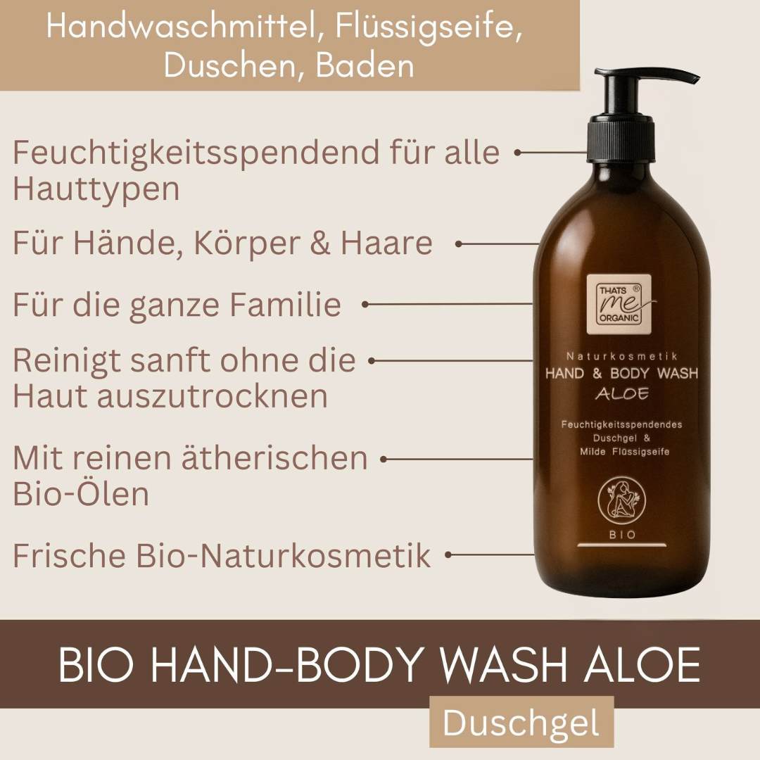 Bio Hand and Body Wash Aloe als feuchtigkeitsspendendes Duschgel und Flüssigseife für Hände, Körper und Haare.