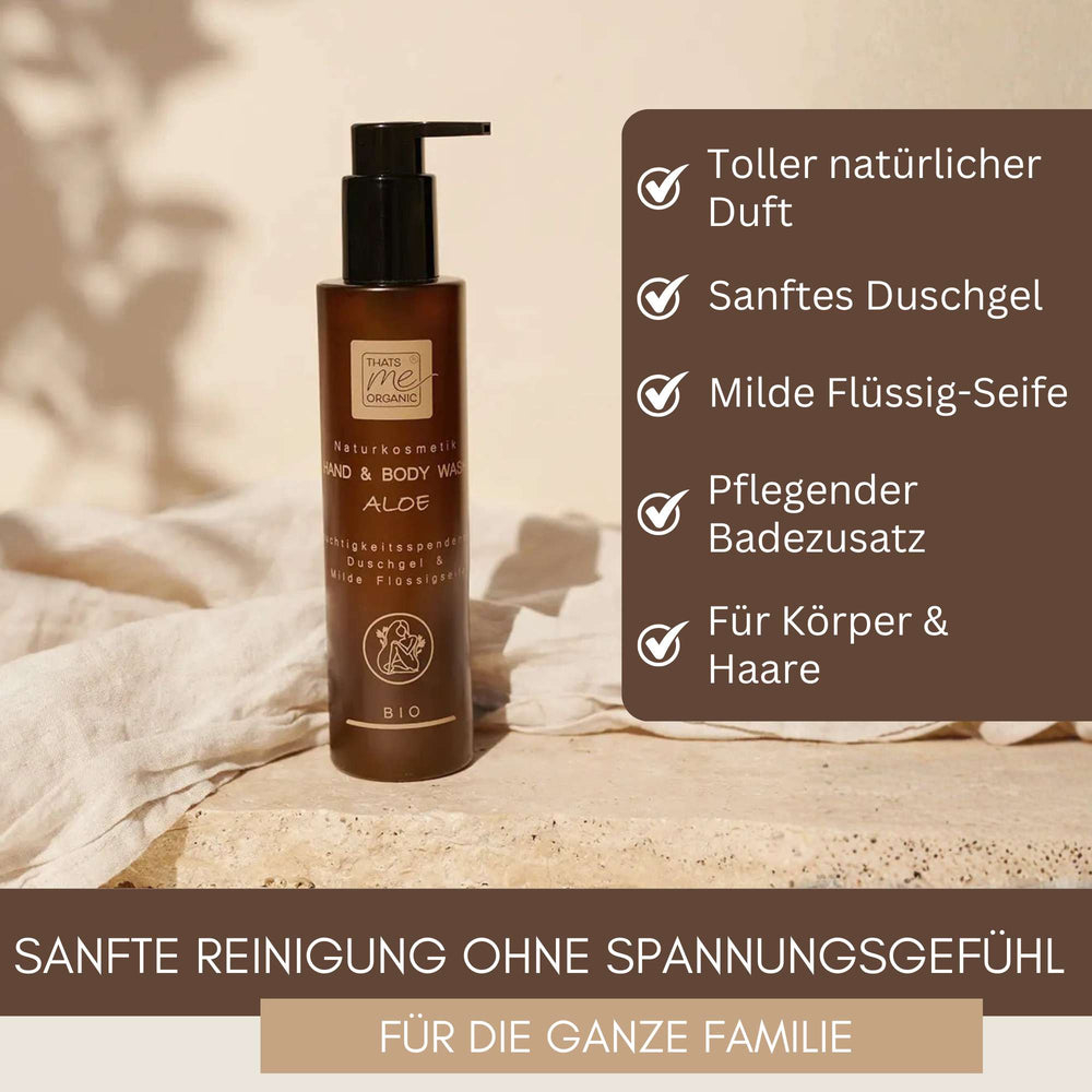 Sanfte Reinigung ohne Spannungsgefühl mit Bio Hand and Body Wash Aloe für Körper, Haare und die ganze Familie.