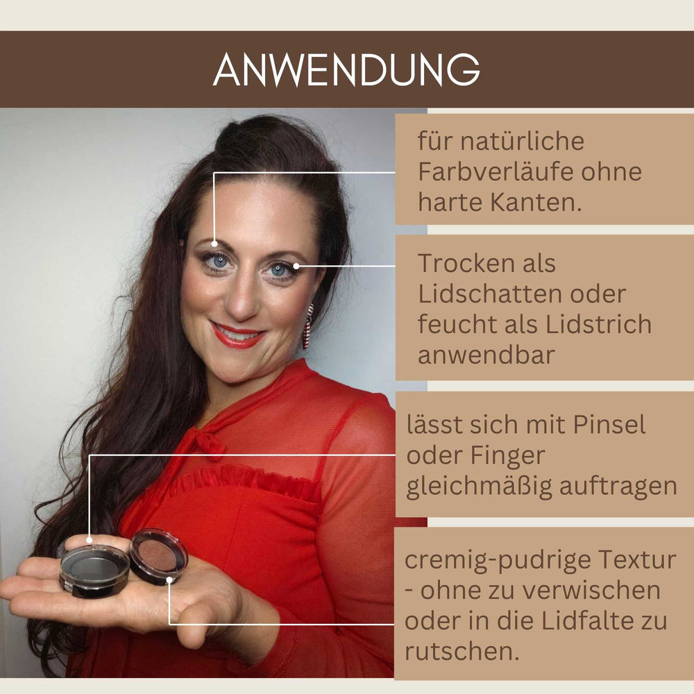 Model zeigt Anwendung des Bio Lidschattens Smokey Eyes für natürliche Farbverläufe und weiche Übergänge