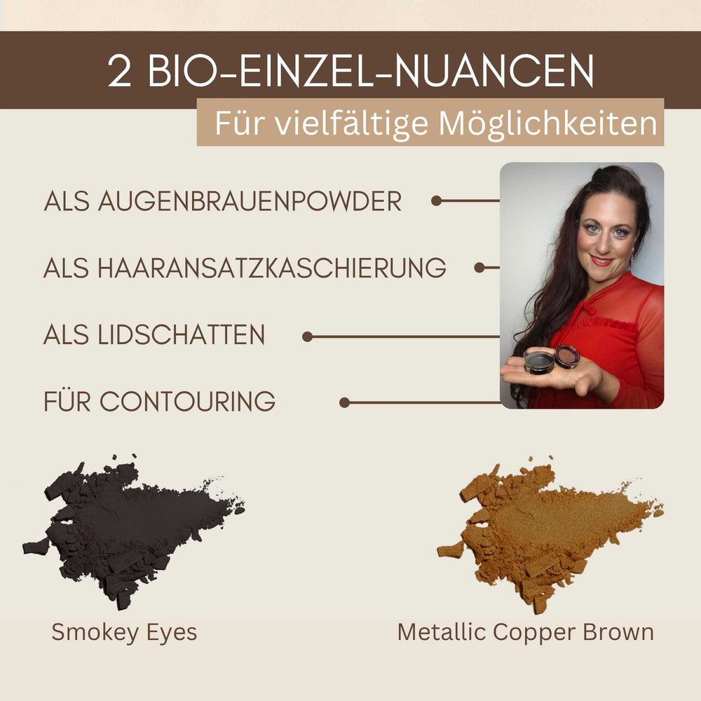 Zwei Bio Einzel Lidschatten Nuancen Smokey Eyes und Metallic Copper Brown für Augenbrauen, Haaransatz, Lidschatten und Contouring