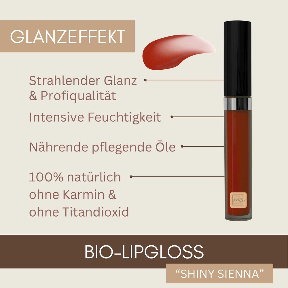 Bio Lipgloss Shiny Sienna mit strahlendem Glanz, intensiver Feuchtigkeit und pflegenden Ölen ohne Karmin und Titandioxid