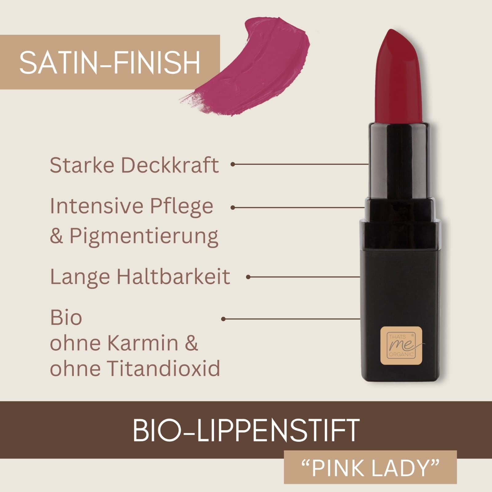 Bio-Lippenstift - vegan, tierversuchsfrei + ohne Titandioxid – langanhaltend + Pflegend