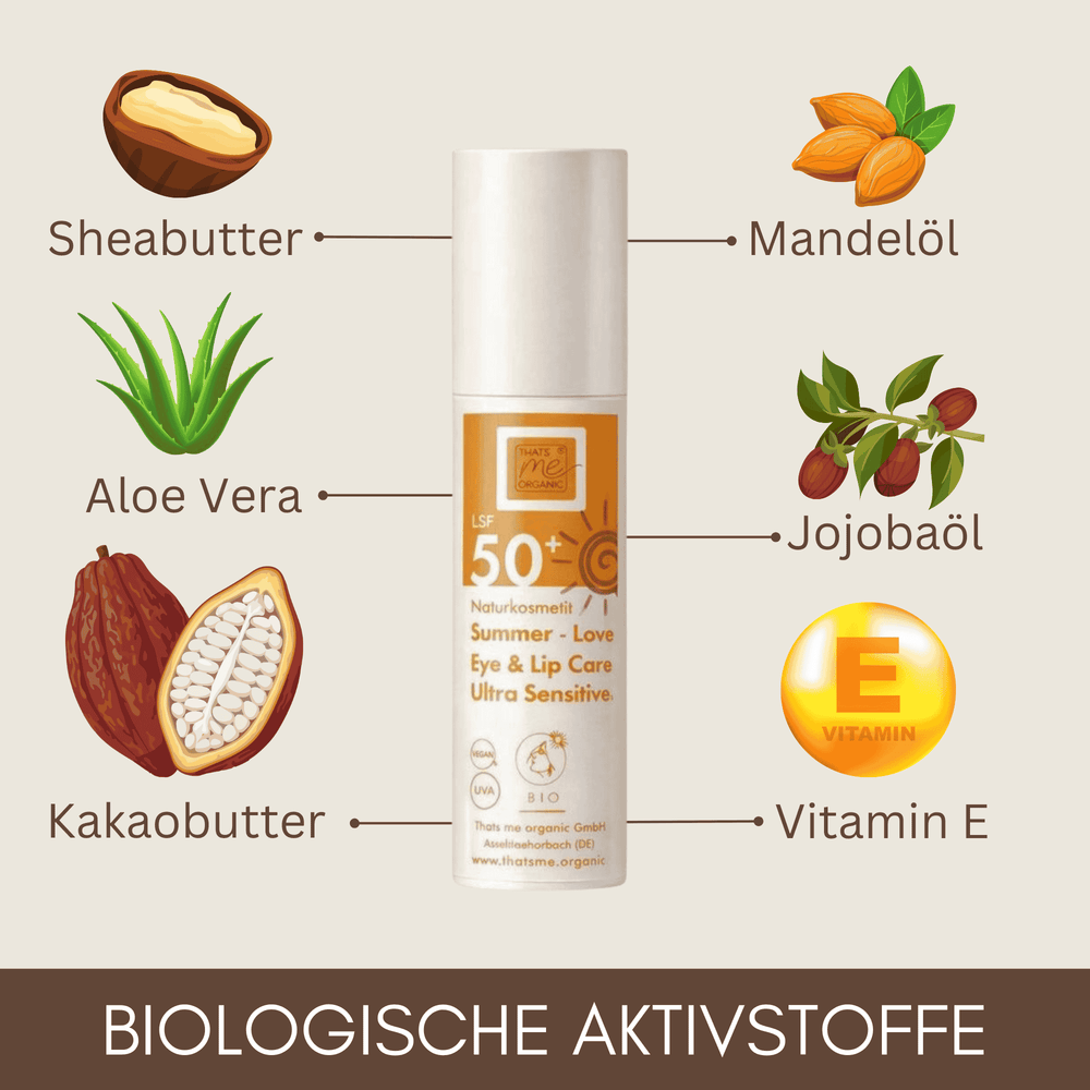 Natürliche Inhaltsstoffe wie Aloe Vera, Sheabutter und Jojobaöl pflegen die Haut intensiv und schützen sie mit Vitamin E vor dem Austrocknen.
